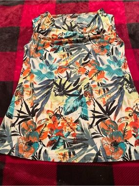 jonathan martin Floral Tropical Cowl Neck Tank Top - Teal, Orange, Black, White